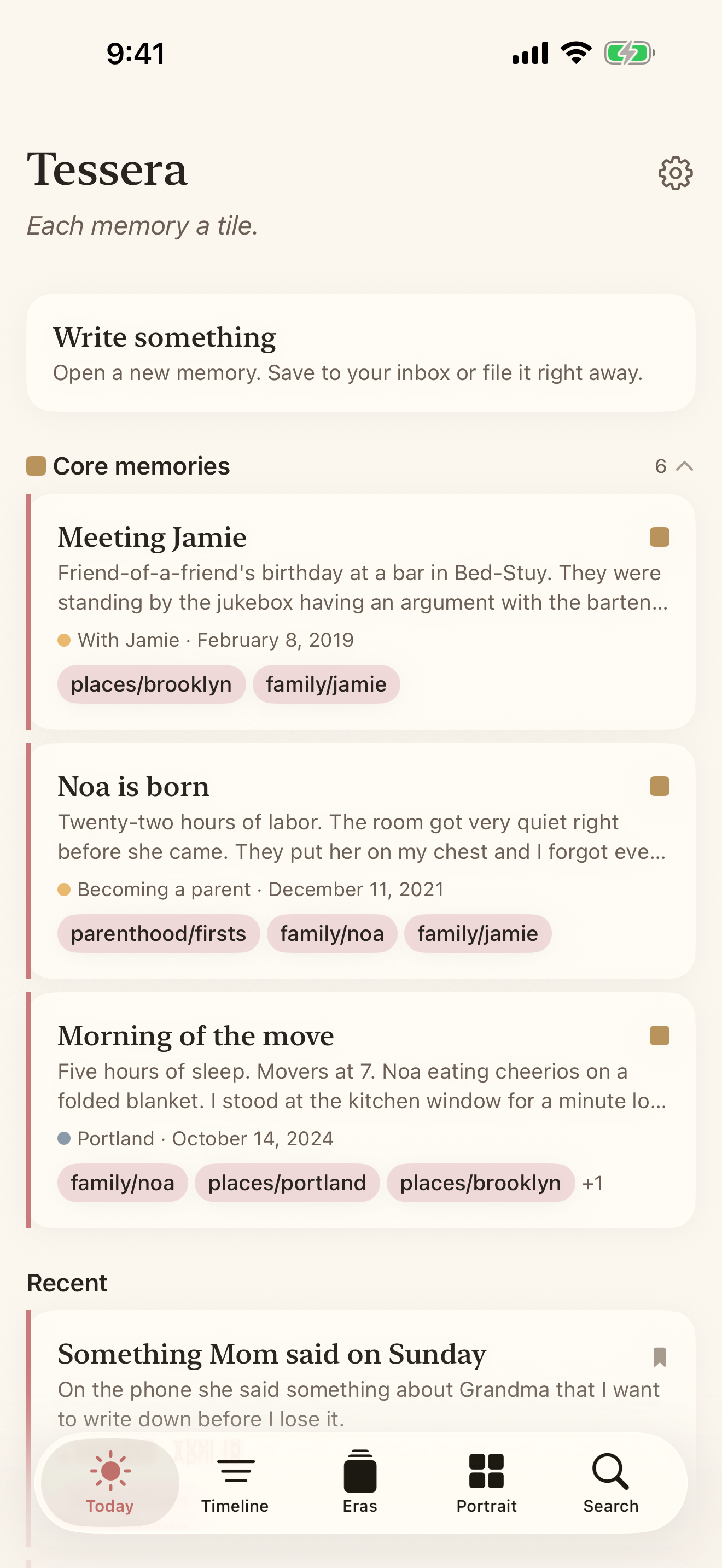 Today — a welcoming page with a single prompt to write.