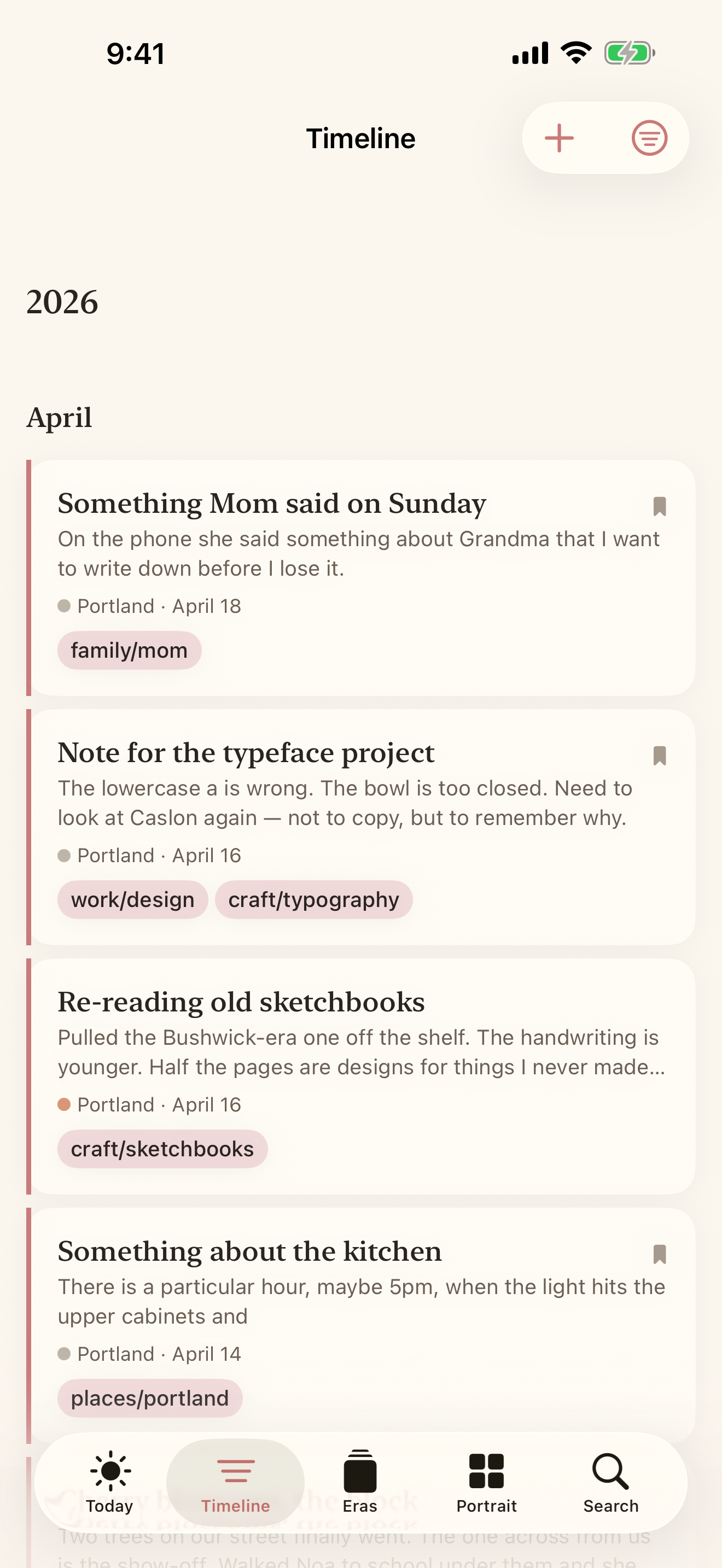 Timeline — memories arranged by date with filtering.