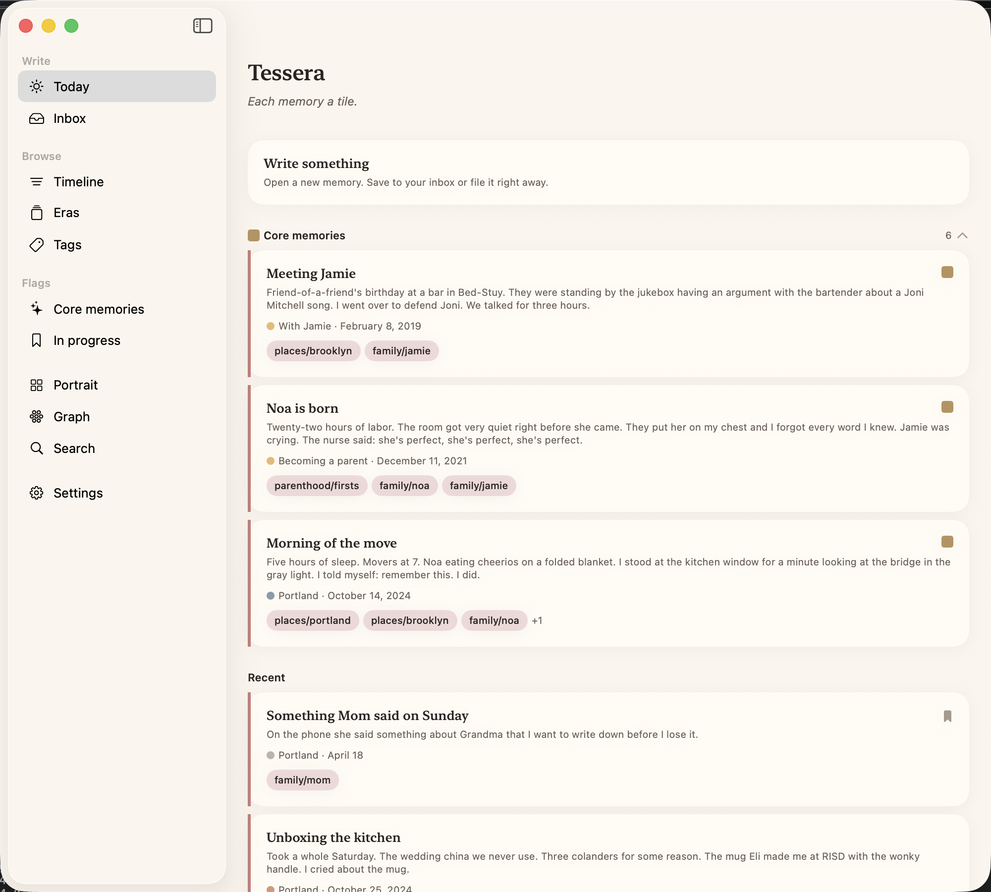 Tessera on macOS — the Today page in a wide sidebar layout, the day's prompt front and centre.